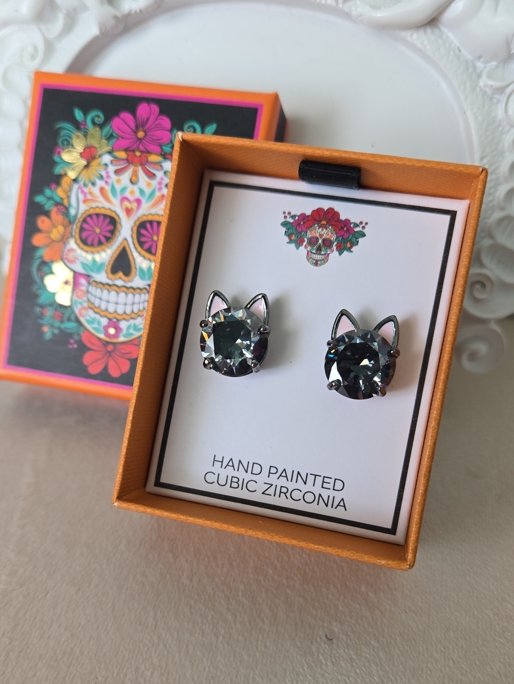 Marshalls Hand-Painted Cat Stud Earrings - Dark Gray with Pink Accents